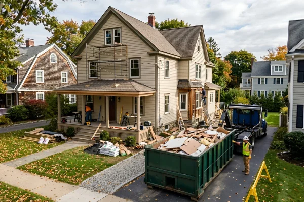 Roll-off dumpster filled with renovation waste and debris, set up beside a New England home during a home renovation project.