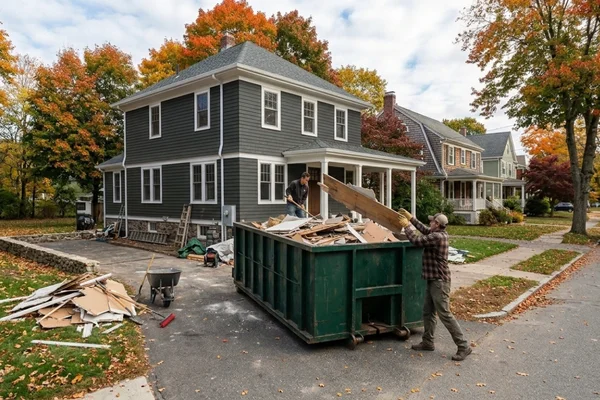 Contractor loading renovation debris into a residential dumpster outside a Massachusetts home during a remodeling project using a professional South Shore dumpster rental service.