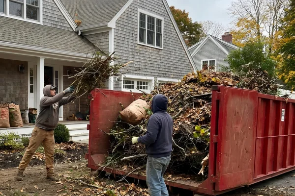 Contractors loading branches and yard debris into a red dumpster during a residential yard cleanup in Massachusetts.