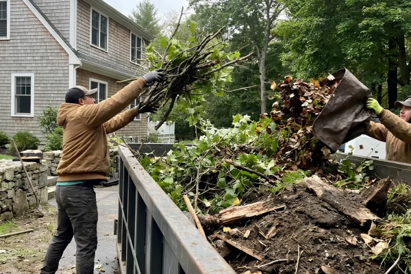 Landscaping workers disposing of branches, leaves, soil, and yard waste in a large roll-off dumpster beside a New England home.