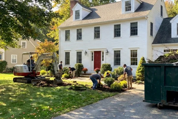 Landscaping crew working in front of a New England home with a roll-off dumpster for yard waste and debris removal.