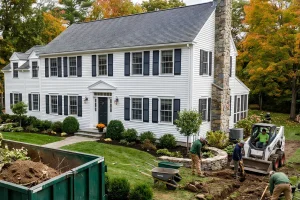 Landscape contractors completing a yard renovation beside a New England home with a large dumpster for landscaping debris.