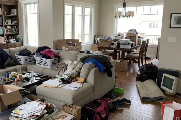 Cluttered living room and dining area filled with boxes, clothing, household items, and belongings awaiting a home cleanout